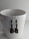 Skull earrings, skull jewelry, guitar earrings, bronze earrings, bronze jewelry, gifts for her, punk earrings, punk jewelry,