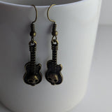 Skull earrings, skull jewelry, guitar earrings, bronze earrings, bronze jewelry, gifts for her, punk earrings, punk jewelry,