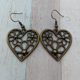 Heart earrings, heart jewelry, bronze earrings, bronze jewelry, flower earrings, valentines earrings, valentines jewelry, gifts for her