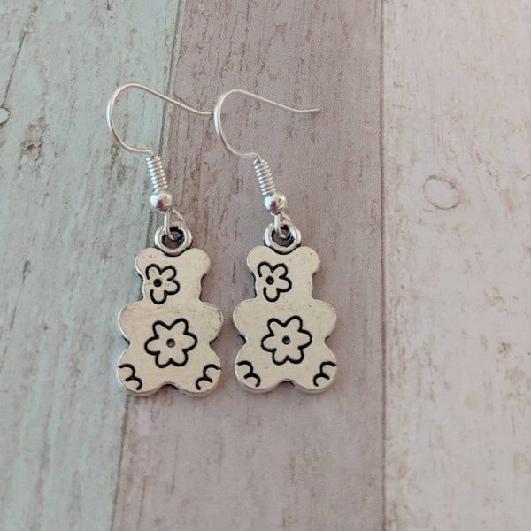 Teddybear earrings, bear earrings, bear jewelry, floral jewelry, floral earrings, gifts for her, flower earrings, charm earrings,