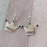 Princess earrings, princess jewelry, charm earrings, novelty earrings, novelty jewelry, silver earrings, crown earrings, girl earrings,