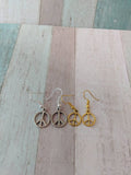 Peace earrings, peace jewelry, hippie earrings, hippie jewelry, gold earrings, charm earrings, peace sign earrings, gifts for her,