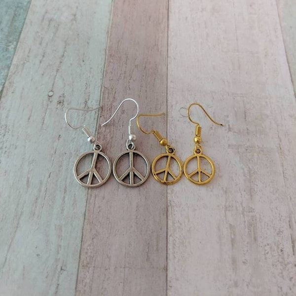Peace earrings, peace jewelry, hippie earrings, hippie jewelry, gold earrings, charm earrings, peace sign earrings, gifts for her,