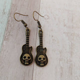 Skull earrings, skull jewelry, guitar earrings, bronze earrings, bronze jewelry, gifts for her, punk earrings, punk jewelry,