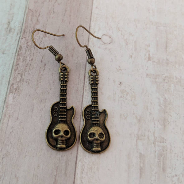 Skull earrings, skull jewelry, guitar earrings, bronze earrings, bronze jewelry, gifts for her, punk earrings, punk jewelry,