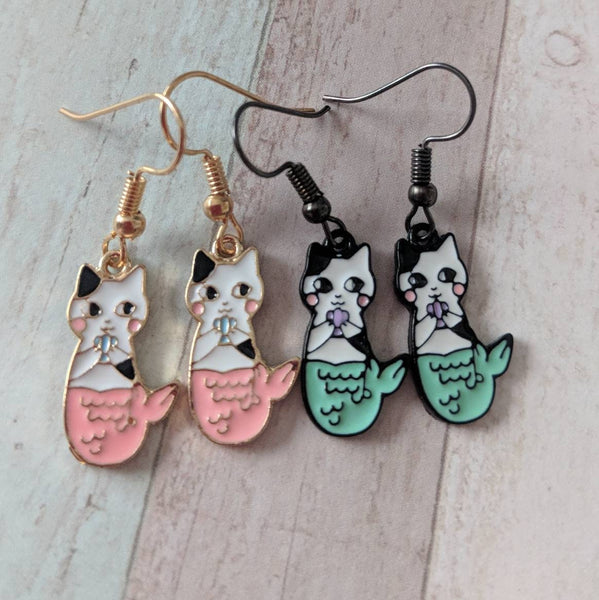 Cat mermaid earrings, mermaid jewelry, cat lover gifts, gifts for mermaid lovers, kawaii jewelry, kawaii gifts, sea creature earrings,
