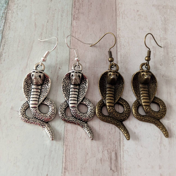 Cobra earrings, snake earrings, snake jewelry, bronze earrings, bronze jewelry, reptile earrings, reptile jewelry, animal earrings,