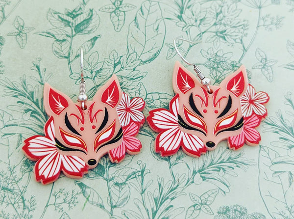 Pink fox earrings, fox jewelry, gifts for fox lovers, kawaii earrings, big statement earrings, sakura earrings, fox inspired gifts,