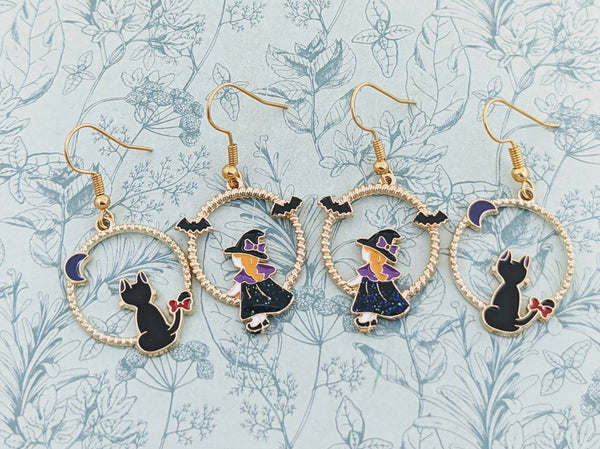 Witch earrings, black cat earrings, witchy gifts, Halloween earrings, Halloween jewelry, little witch, celestial earrings, bat earrings,
