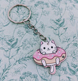 Cat in donut keychain, white cat lover gifts, kawaii keychain, kawaii cat, cat charm, donut keychain, donut lover gifts, donut themed,