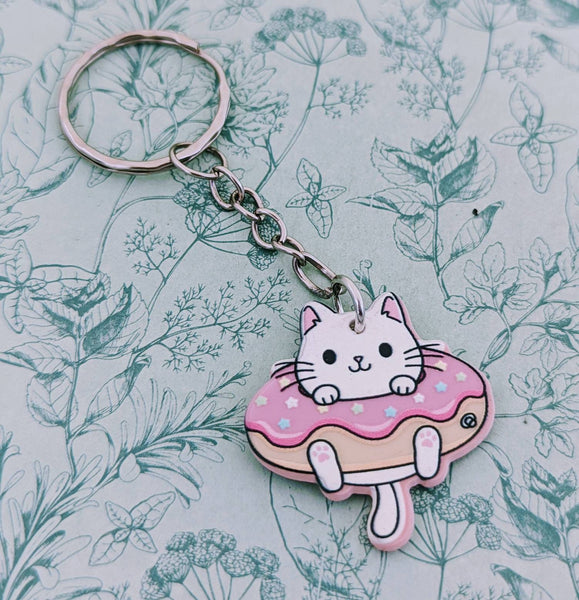 Cat in donut keychain, white cat lover gifts, kawaii keychain, kawaii cat, cat charm, donut keychain, donut lover gifts, donut themed,