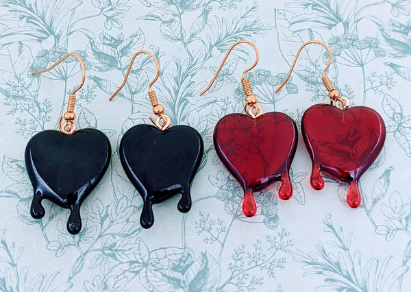 Bleeding heart earrings, gothic style earrings, gothic gift ideas, black heart earrings, heart themed gifts, gifts for gothic girlfriend,