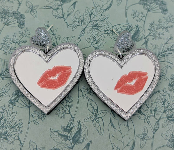 Mirrored heart earrings, statement earrings, kawaii jewelry, big earrings, heart jewelry, teen girl earrings, stud earrings, heart themed