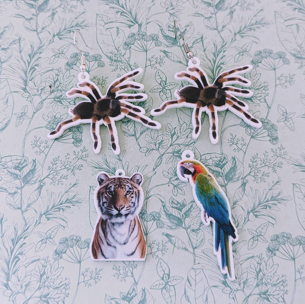 Tarantula earrings, parrot earrings, parrot lover gifts, parrot owner gifts, tiger lover gifts, tiger themed, animal themed gifts,