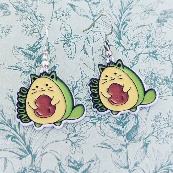 Avacado cat earrings, avacado lover gifts, kawaii jewelry, kawaii earrings, cute cat earrings, cat lover gifts, avacado jewelry, cat owner
