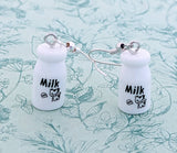 Milk earrings, cute earrings, kawaii earrings, kawaii jewelry, kawaii gifts, novelty earrings, fun quirky gifts, cow farmer gifts, cow lover