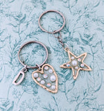 Heart keychain, star keyring, heart accessories, summer accessories, beach bag accessories, pearl keychain, bag charms, initial keyring,