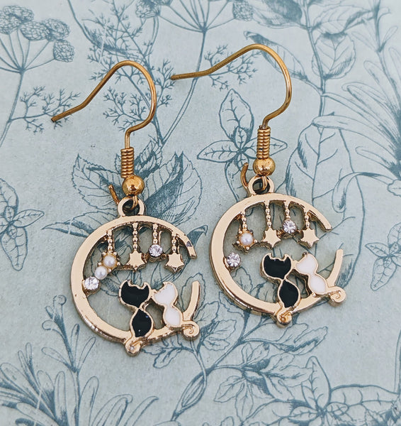 Cat earrings, cat lover gifts, moon earrings, valentine's Day gifts, cat mom gifts, romantic gifts, crazy cat lady, cat charm, star jewelry,