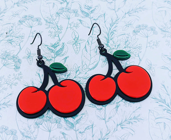 Cherry earrings, cherry jewellery, cherry lover gifts, retro earrings, retro jewellery, fruit earrings, fruit jewellery, fruit lover gifts