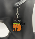 Pumpkin cat earrings, Halloween earrings, black cat lover gifts, pumpkin jewelry, trick or treat, Halloween jewellery, big earrings,