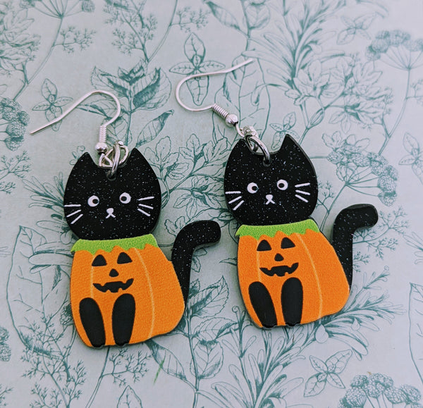 Pumpkin cat earrings, Halloween earrings, black cat lover gifts, pumpkin jewelry, trick or treat, Halloween jewellery, big earrings,