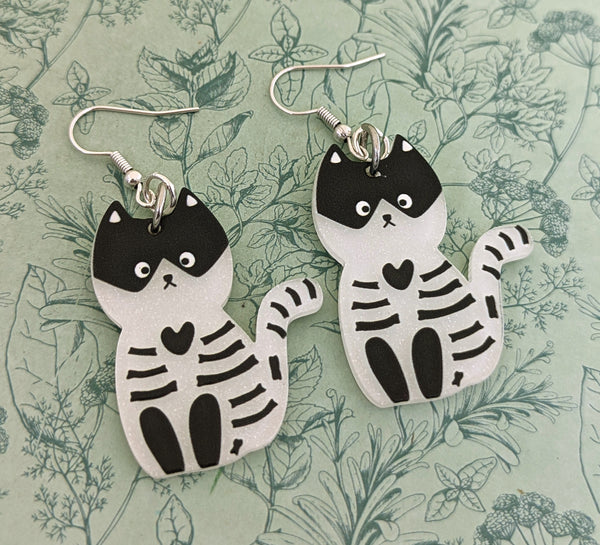 Skeleton cat earrings, Halloween earrings, cat lover gifts, skeleton jewelry, trick or treat, Halloween jewellery, big earrings, cat gifts