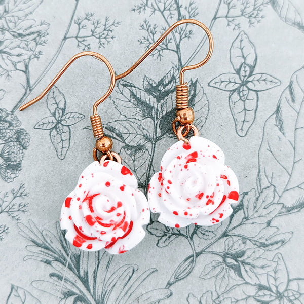 Bloody rose earrings, white rose, gothic earrings, gothic jewellery, Halloween earrings, white rose earrings, rose jewelry, horror lovers