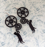 Black cat earrings, clock earrings, cat mom themed jewelry, cat jewellery, black cat lovers, witchy cat gifts, clock jewellery, big earrings