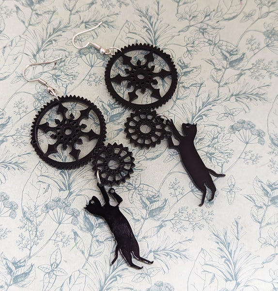 Black cat earrings, clock earrings, cat mom themed jewelry, cat jewellery, black cat lovers, witchy cat gifts, clock jewellery, big earrings