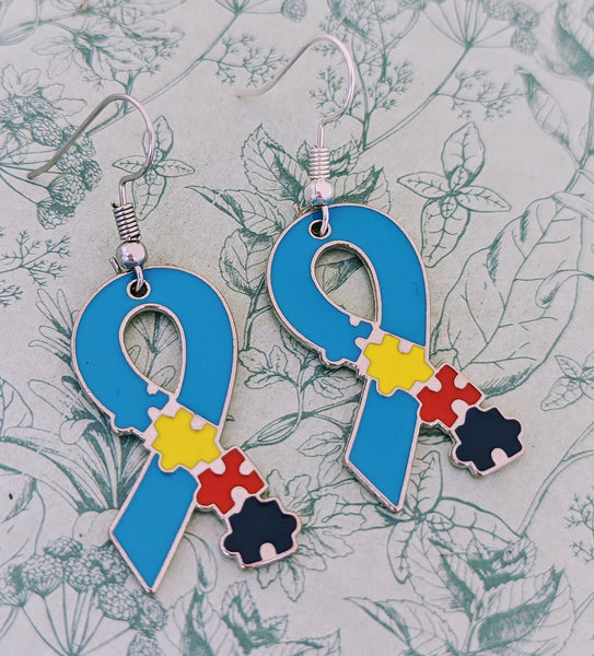 Autism earrings, autism jewellery, autism support, autism awareness, autism gift, jigsaw earrings, autism warrior, ribbon earrings,