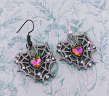 Black spider web earrings, gothic style earrings, gothic jewellery, gifts for goths, spider earrings, heart earrings, heart jewellery,