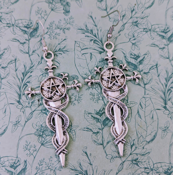 Sword earrings, statement earrings, gamer geek gifts, gothic earrings, gothic jewelry, dagger earrings, pentagram earrings, pentagram gifts,