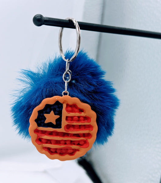 Cherry pie keychain, American pie keychain, USA flag gifts, foodie gifts, pom pom keyring, gifts for food lovers, novelty keychain,
