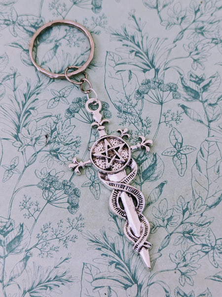 Sword keychain, pentagram keychain, pentagram gifts, fantasy gifts, geek gifts, men gifts, men keyring, boyfriend gifts, secret santa,