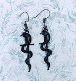 Sword earrings, gothic earrings, goth earrings, snake earrings, fantasy jewelry, medieval earrings, mediaeval jewelry, snake jewelry,