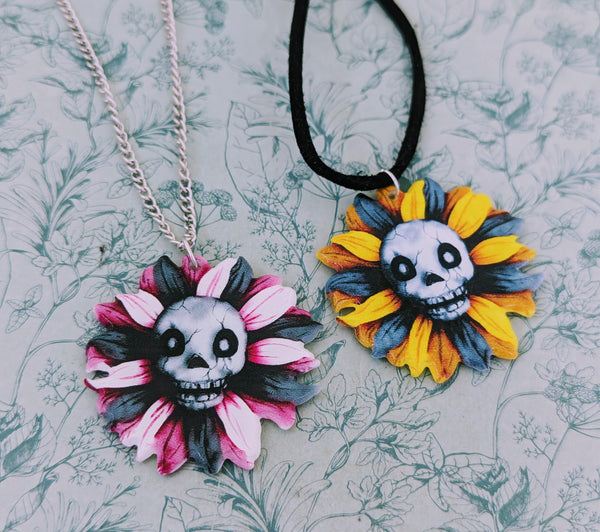 Skull necklace, flower necklace, skeleton pendant, Halloween themed gifts, gothic necklace, gifts for gothic lovers, skeleton themed gifts,