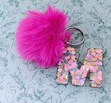 Inital keychain, initial gifts, pom pom keyring, stocking stuffers, gifts for women, name keyring, acrylic keychain, personalised gifts,