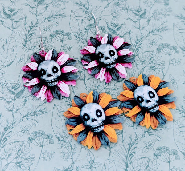 Skull earrings, skull jewellery, flower earrings, statement jewelry, skull lover gifts, skull inspired, Halloween earrings, skull gifts,