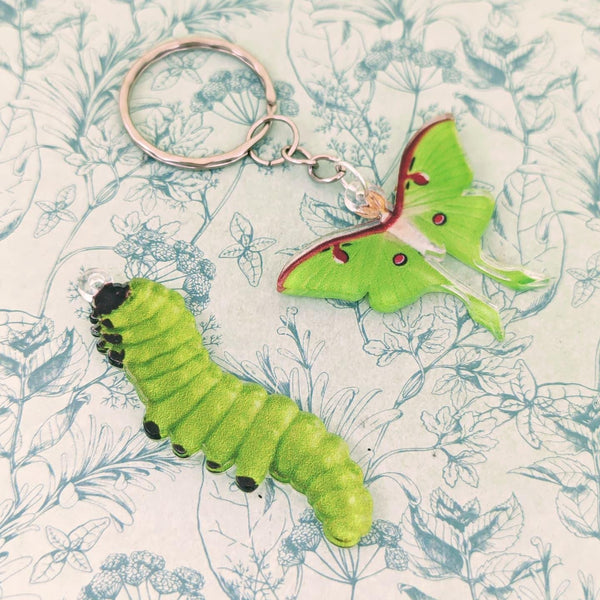 Caterpillar keychain, butterfly keychain, butterfly keyring, bug lovers gifts, insect collector gifts, caterpillar themed, butterfly themed,