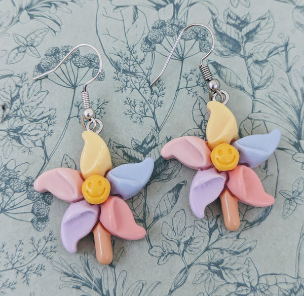 Windmill earrings, windmill jewelry, novelty earrings, novelty jewellery, fun earrings, stocking stuffers, pinwheel earrings, quirky gifts