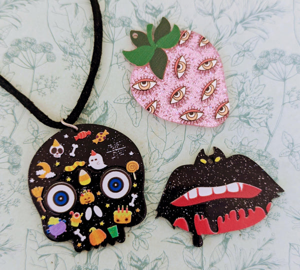 Halloween necklace, skull necklace, skull jewellery, skull lover gifts, Halloween jewellery, Strawberry necklace, strawberry themed,