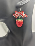Strawberry bow earrings, bow jewellery, strawberry lover gifts, fruit earrings, fruit jewelry, strawberry jewellery, cute food earrings,