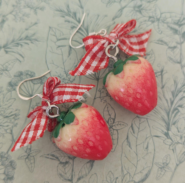 Strawberry bow earrings, bow jewellery, strawberry lover gifts, fruit earrings, fruit jewelry, strawberry jewellery, cute food earrings,