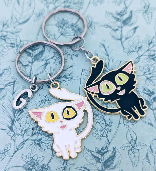 Cute black cat keychain, white cat mom gifts, stocking fillers for cat lovers, cat themed accessories, personalised cat keyring, crazy cat