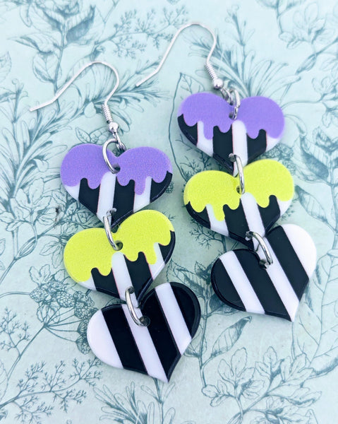 Heart earrings, Halloween earrings, movie themed, Halloween jewelry, pin stripe earrings, novelty earrings, horror earrings, horror jewelry,