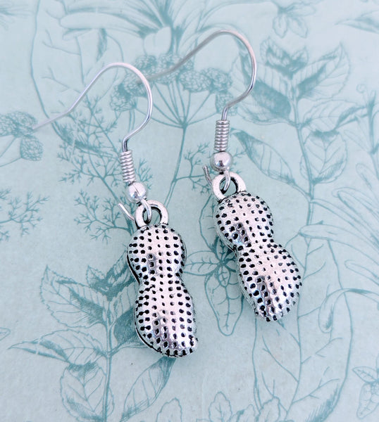 Silver peanut earrings, peanut foodie jewelry, novelty peanut fun earrings, gifts for chefs, food earrings, gifts for vegans, secret Santa
