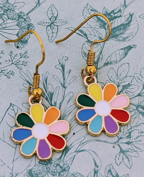 Rainbow flower earrings, rainbow jewellery, dangle flower earrings, flower lover gifts, children earrings, childrens jewellery, flower gift