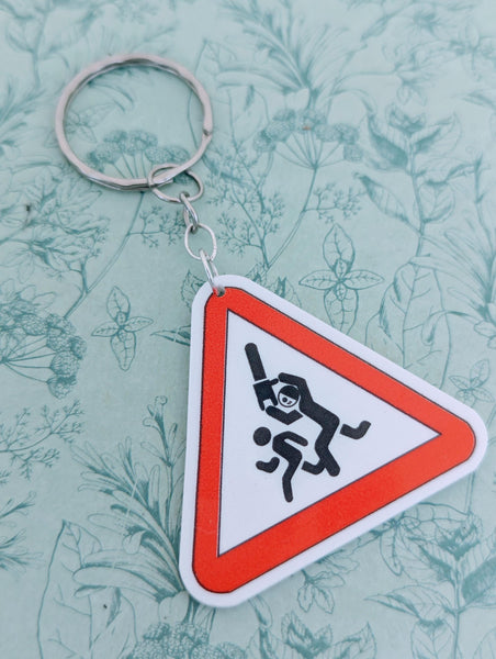 Caution horror keychain, horror keyring, horror lover gifts, horror geek gifts, Halloween themed gifts, horror movie lovers, gifts for goths