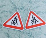 Caution horror gothic earrings, horror themed jewellery, novelty fun earrings, gothic style jewelry, horror lover gifts, horror movie geeks