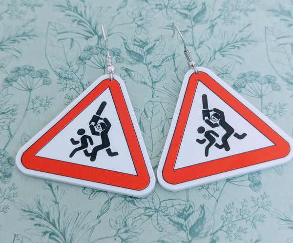 Caution horror gothic earrings, horror themed jewellery, novelty fun earrings, gothic style jewelry, horror lover gifts, horror movie geeks